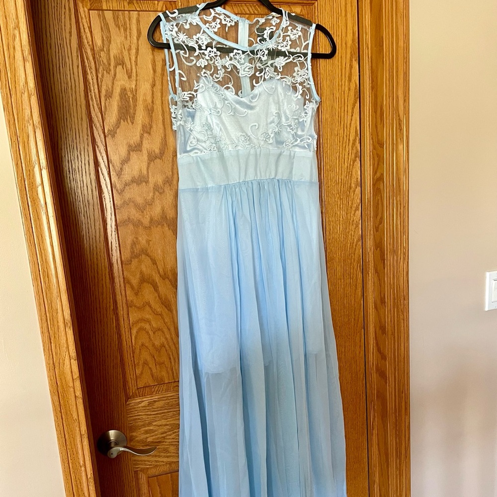 Prom Dress Baby Blue Lace Mesh Chiffon Ropalia Size L Wedding Guest
